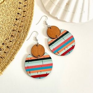 Boho Wood Circle Stripe Earrings